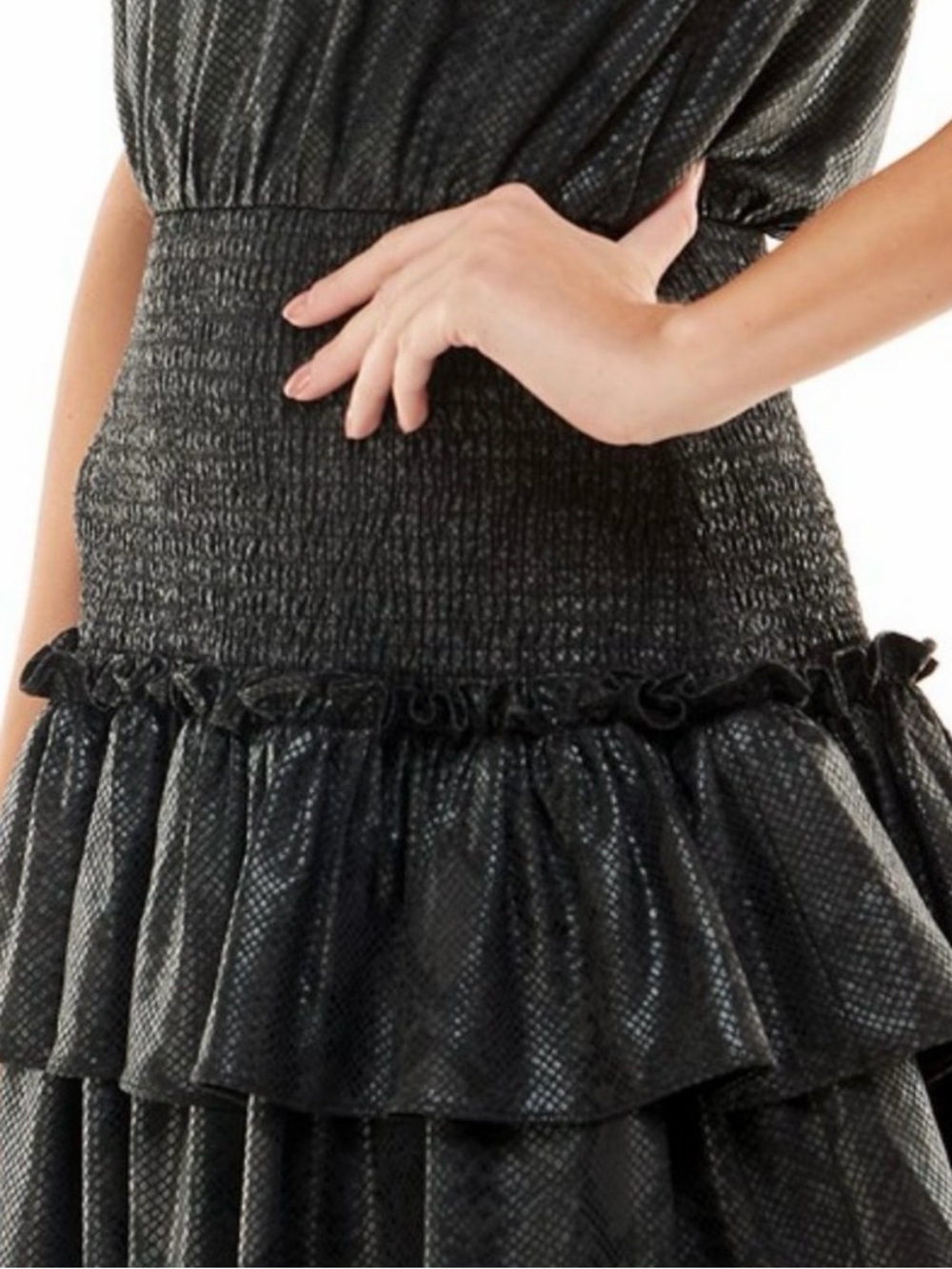 TCEC Faux Leather Black Snake Smocked Ruffle Tiered Mini Dress - Picture 3 of 10
